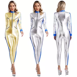 UK Womens  Astronaut Cosplay Costumes Long Sleeve Front Zip Jumpsuit Metallic - Picture 1 of 32