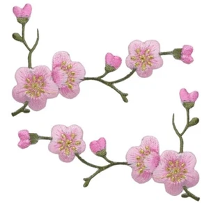 Cherry Blossom Applique Patch Set - Green Pink Flower 3-1/8" (2-Pack, Iron on) - Picture 1 of 1