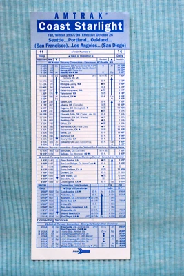 Amtrak - Coast Starlight  - Timetable Card - Fall Winter 1997/98 - Image 1 of 2