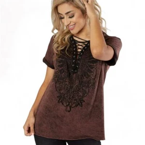 New Women's Affliction Lace Up V-Neck w/Stones Live Fast Tee T-Shirt XS-XL - Picture 1 of 5