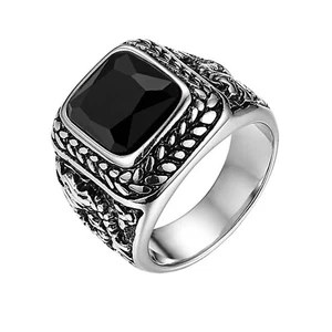 Men Glass Stone Simulated Onyx Dragon Ring Stainless Steel Signet Band Size 7-13 - Picture 1 of 14
