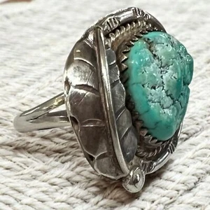 Anillo de cuerda pluma vintage de plata esterlina turquesa nativo americano suroeste 6 - Imagen 1 de 5