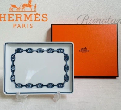HERMES PARIS Porcelain Change Tray Square Plate CHAINE DANCRE BLUE 16 x 12 cm - Image 1 of 4