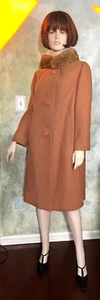 Vintage 50's Brown Wool Coat with Fur Collar by Mary Hawkins Sz. S/M - Picture 1 of 13