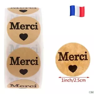 50 ETIQUETTES Ronde AUTOCOLLANTES STICKERS KRAFT MOTIF "MERCI" Emballage cadeau - Foto 1 di 11