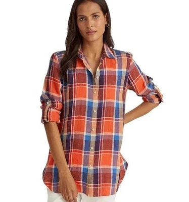 Lauren Ralph Lauren Linen Plaid Button Down Shirt Womens Large Academia Coastal - Image 1 of 4
