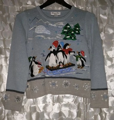 Винтажный рождественский свитер средний вес вязаный женский миниатюрный P пингвины зима - Изображение 1 из 4