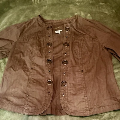 LA Blues Brown Cotton Eyelet Military Jacket Grommet Detail Fall Layering 1X - Image 1 of 4