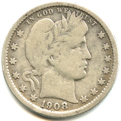 USA quarto di dollaro argento Barbiere 1908 O n. 5820 - Immagine 1 di 2