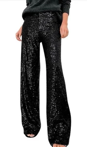 Bein Glitzer Pailletten Hose Gummizug Hohe Taille Bling Glitzer Tanz Gr. L - Bild 1 von 6