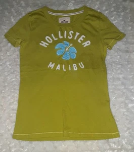 Hollister green White Spell Out Blue Hibiscus Y2K Babydoll tshirt womens medium - Picture 1 of 7