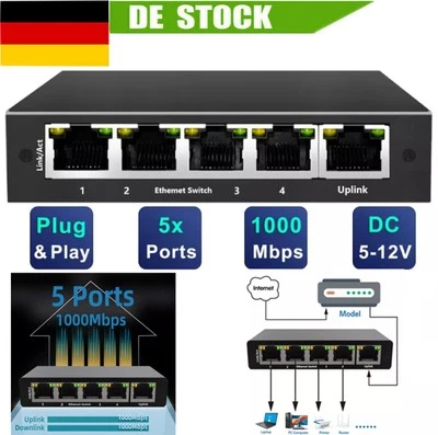 Switch di rete desktop 5 porte Ethernet, porte Gigabit RJ45, HUB di distribuzione LAN - Immagine 1 di 4