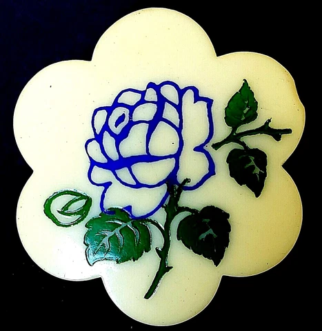 Large Scalloped Celluloid with Blue Rose Vintage Button 1&5/16" Cover