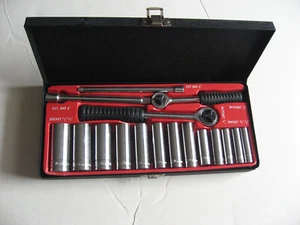 SAE 1/4" 3/8" 6 Point Ratcheting Deep Socket Set W/Black Metal Case Taiwan - Picture 1 of 2