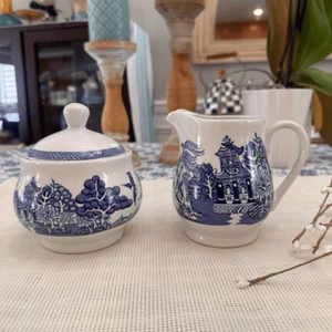 Royal Cuthbertson Blue Willow Creamer Sugar Bowl& Lid Set Blue White Porcelain - Picture 1 of 8