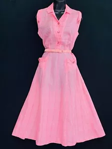 Vintage 1950s pink fit & flare midi dress, sleeveless Swiss dot summer cotton XL - Picture 1 of 5