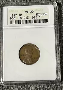 1917 Doubled Die Obverse DDO Lincoln Cent ANACS VF20 - authenticated - Picture 1 of 5