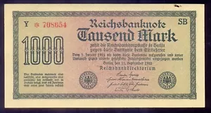 Germania 1000 marchi 1922 prefisso Y708654 nota a stella* P76b UNC - Foto 1 di 2