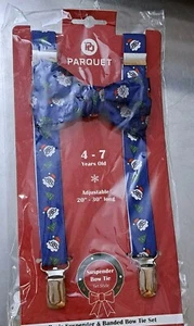 Boys 4-7 Yrs. Christmas Suspenders And Bowtie Set Blue Santa Holiday - Picture 1 of 3