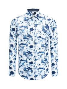 Bugatti XL $179 LSLAND Point Collar Long Sleeve Printed Linen Shirt, NWT - Picture 1 of 4
