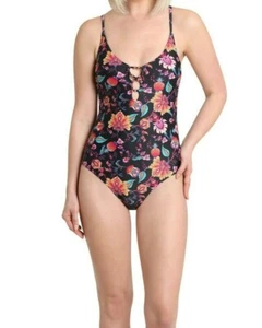 NWT NANETTE LEPORE Sz10 FLORAL VAL V-NECK ONE PIECE SWIMWEAR BLACK MULTI  - Picture 1 of 4