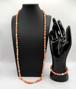 Vintage 14K Gold Clasp Angel Skin Coral Beaded 32” Necklace + 7.25" Bracelet SET - Picture 1 of 16