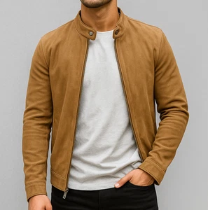 Chaqueta de cuero de gamuza para hombre Motociclista Color marrón Informal Chaqueta de gamuza de piel de oveja real - Imagen 1 de 4