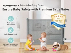 MOMYMUST Retractable Mesh Baby/Safety Gate 33" Drill-mounted 33x55in Gray - New - Picture 1 of 14