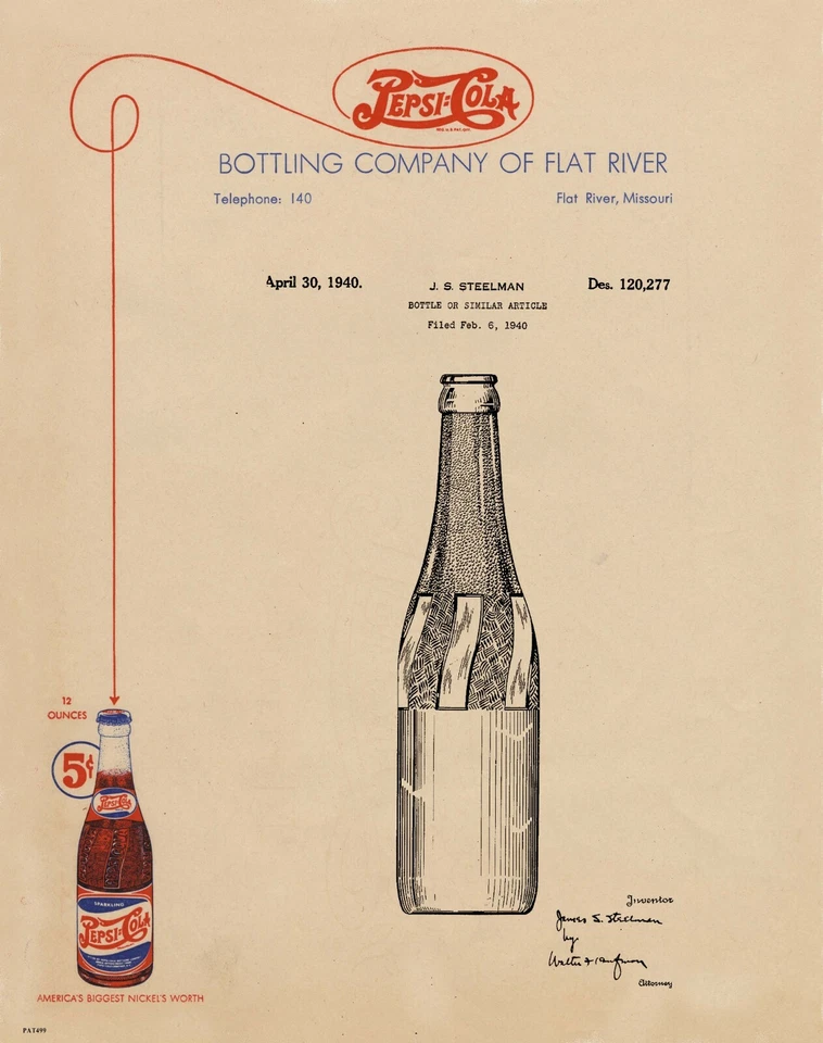 Pepsi Cola Bottle 1940 Patent Art Print Vintage Letterhead Collector Wall Decor - Image 1 of 1