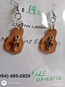 EARRINGS -All Leather - Nu-Line Tear Drop CROSS- Hand Made - by an Army Veteran - Picture 1 of 2