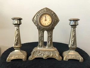 Antiguo Juego de Reloj y Candelabro Art Nouveau Lux Mantle, Waterbury, Árboles - Imagen 1 de 24