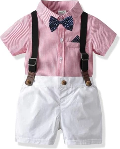 Boys Red Striped Top Suspender Set Outfit Spring Summer Holiday Photoshoot - Picture 1 of 2