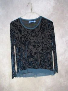 Simply Vera Wang Blouse Womens P Small Black and Teal Sheer Velvet Long Sleeves - Picture 1 of 7