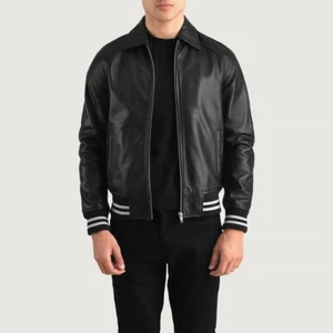 Walton Men's Black Leather Varsity Jacket Bomber Style Retro College Coat - Picture 1 of 6