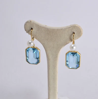 ORECCHINI ARGENTO 925  CRISTALLI  AZZURRO  OTTAGONALI E  PERLE         AGHT 0871 - Immagine 1 di 3