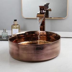 Runde Roségold Keramik Spüle Waschbecken Schüssel Bad Waschmixer Wasserhahn Wasserhahn Abfluss - Bild 1 von 7
