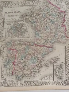 1873 Mitchell's Atlas Map of France, Spain and Portugal Authentic Hand-colored - Picture 1 of 10
