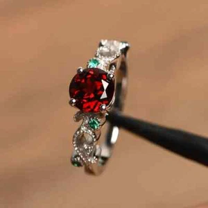 100 % Natural Garnet Ring Round Cut 925 Sterling Silver Engagement Ring Size 7US - Picture 1 of 3