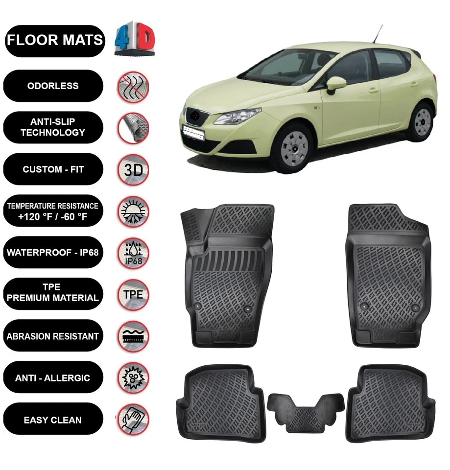 Alfombrillas forro para Seat Ibiza (2008-2016) impermeables moldeadas en 3D negras 4 un. Foto 1 de 4