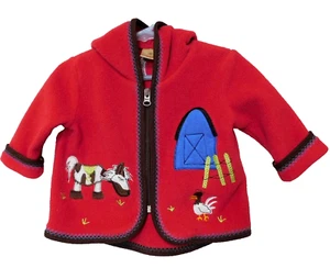 Chaqueta polar Hanna Andersson 60 bordada de granero talla 3-6 M capucha roja caballo de granja - Imagen 1 de 8