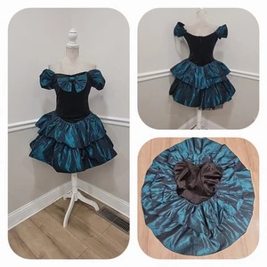 VTG'80 Black Velour/Iredesent Taffeta Prom/FORMAL DRESS / Shoulders Off - Picture 1 of 14