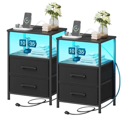 Nightstands Set of 2, Night Stand with Charging Station and Led Lights, Bedsi... - Image 1 of 4