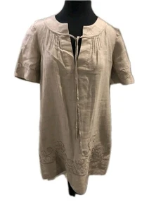 Juicy Couture Tan Beige Floral Embroidered Linen Tunic Shift Dress 8 Vtg Rare - Picture 1 of 2