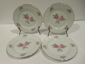 4 Fine Bohemian China Dessert Plates 6 3/4" Pink & Purple Roses Gold Rim-Vintage - Picture 1 of 7