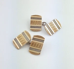 PAIR OF VINTAGE ENGINE TURNED 9CT GOLD ON SILVER CUFFLINKS c1950/1960s 6g - Picture 1 of 6