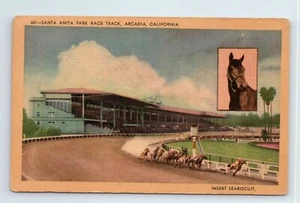 c.1940 Santa Anita Park Horse Racing Track Arcadia CA Seabiscuit Postcard Linen - Picture 1 of 2