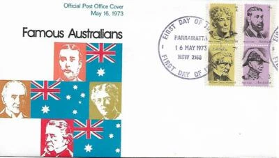 1973 Famous Australians Block of 4 FDC Parramatta 16 May sold as per scans  - Image 1 of 2