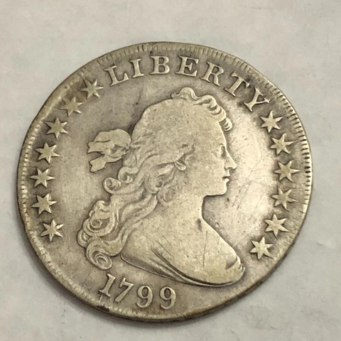 1799 early U.S. BUST DOLLAR. VG+ details, scrubbed & light graffiti. #odd1 Cover