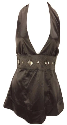 Top Halter PAPAYA Talla PEQUEÑA Negro ELASTIZADO PROFUNDO V Delantero Acento Joya Nuevo Foto 1 de 4