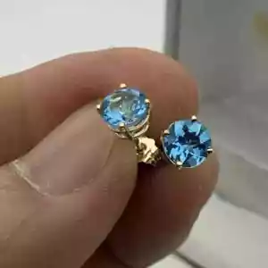 Lab Created Aquamarine Stud Earrings 14K Yellow Gold Plated 3Ct Round Cut - Picture 1 of 6